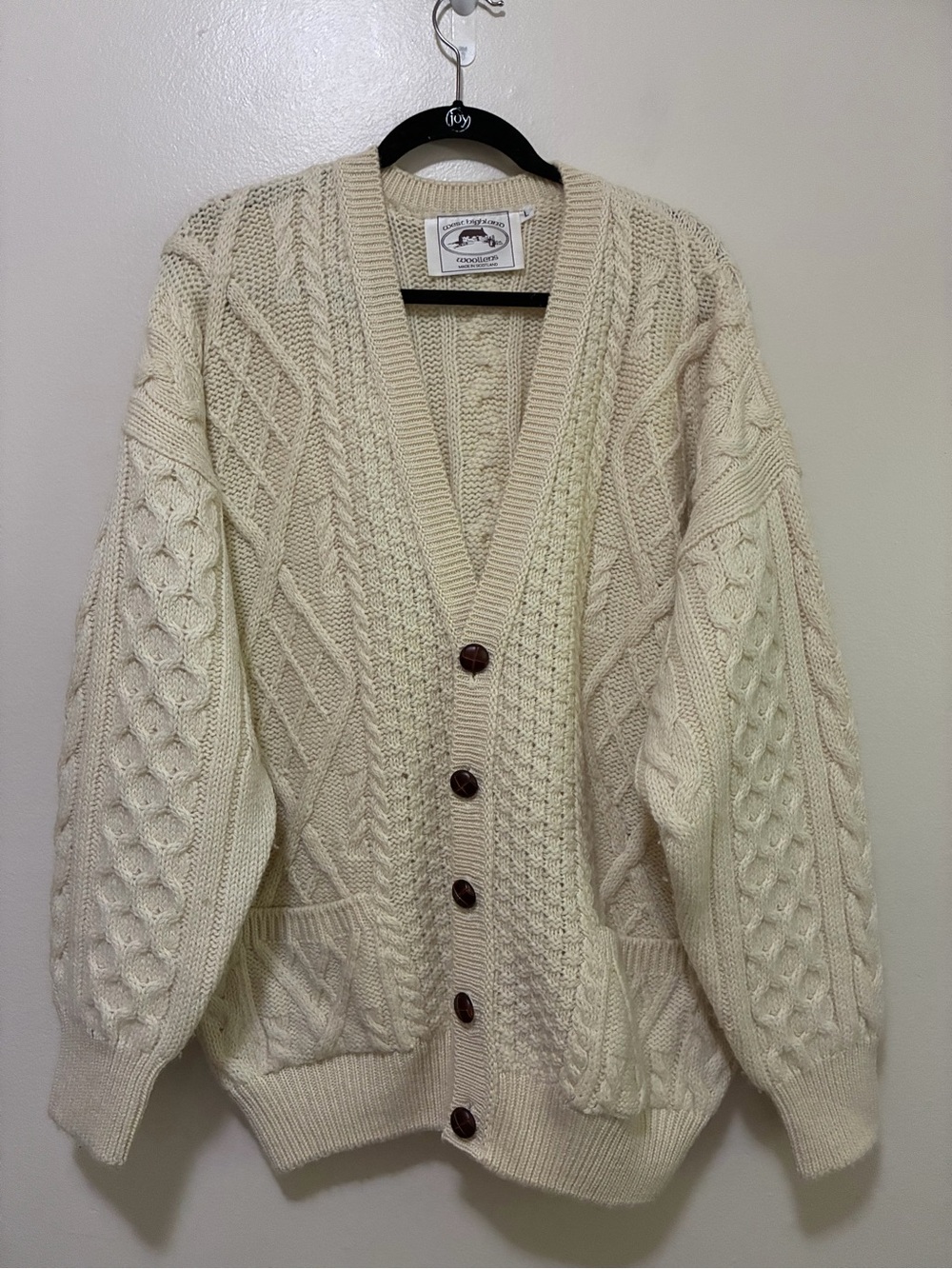 West Highland Woollens Cream Cable Knit Button-Front Sweater Cardigan large